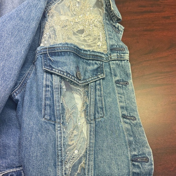 Light Blue Denim Jacket with Silver Sequins and white beading. - Picture 7 of 8